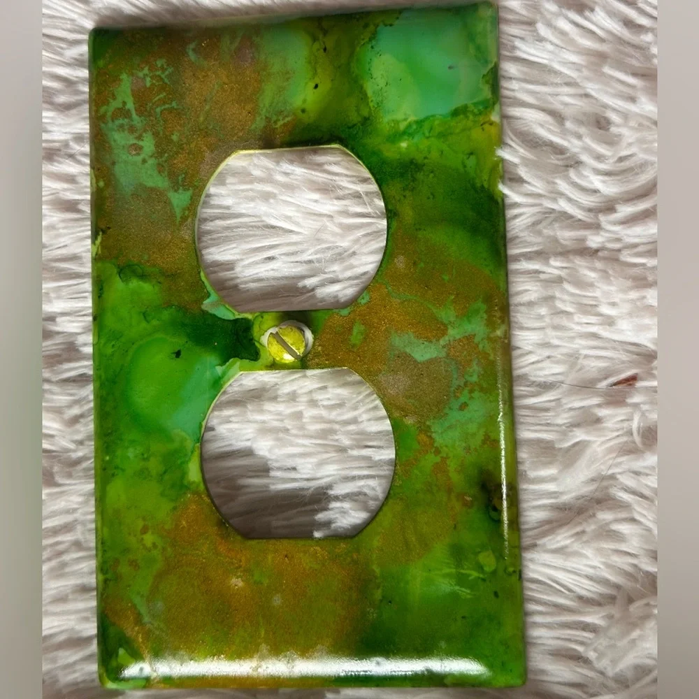 Hand crafted shades of Green and gold Abstract Art switch plate cover